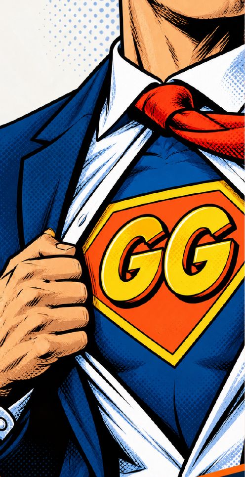 Comic illustration of George Ganim opening his suit to show a GG superhero emblem